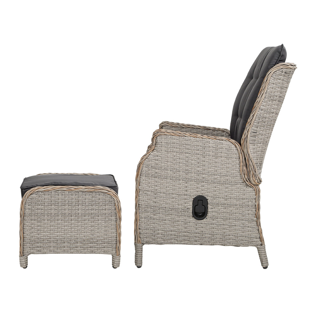 Elspeth - 2PC Recliner Chair Sun Lounge Wicker Lounger Adjustable Grey