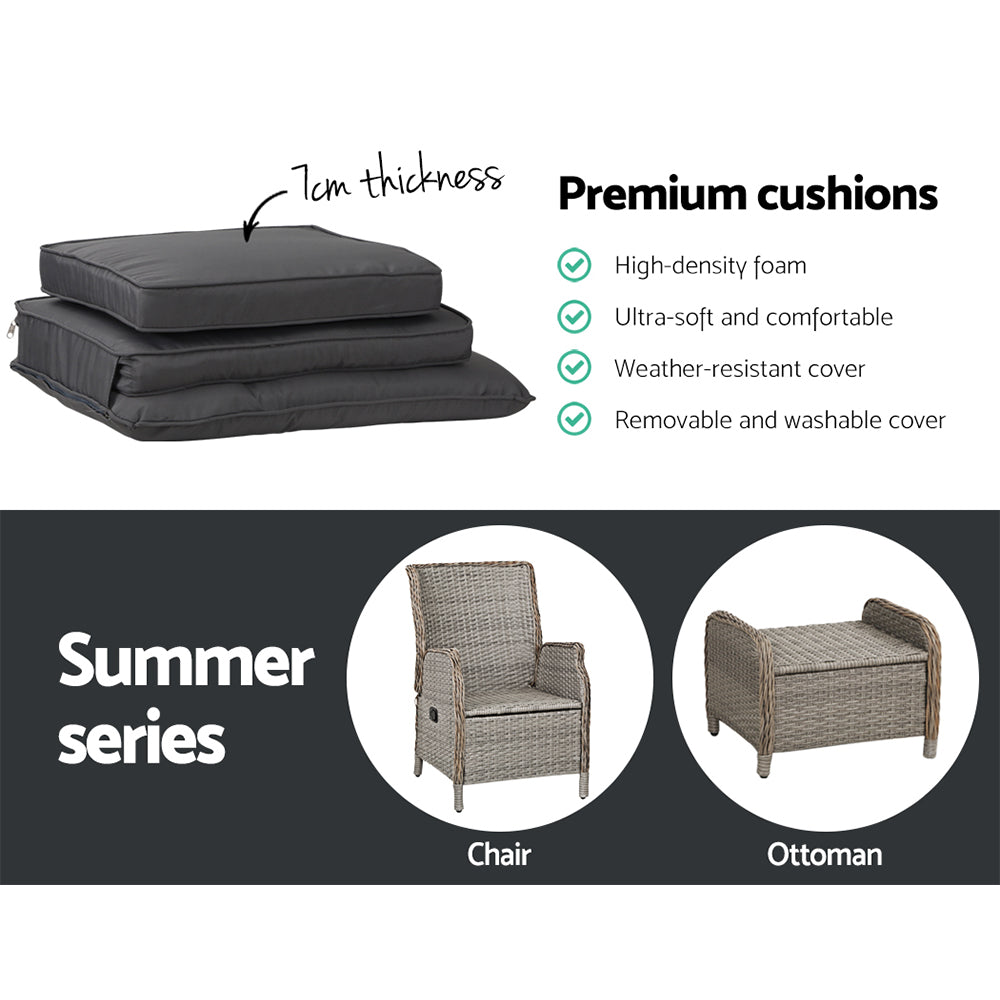 Elspeth - 2PC Recliner Chair Sun Lounge Wicker Lounger Adjustable Grey