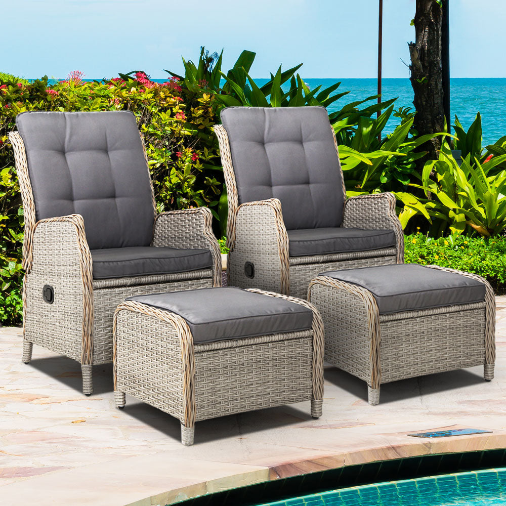 Elspeth - 2PC Recliner Chair Sun Lounge Wicker Lounger Adjustable Grey