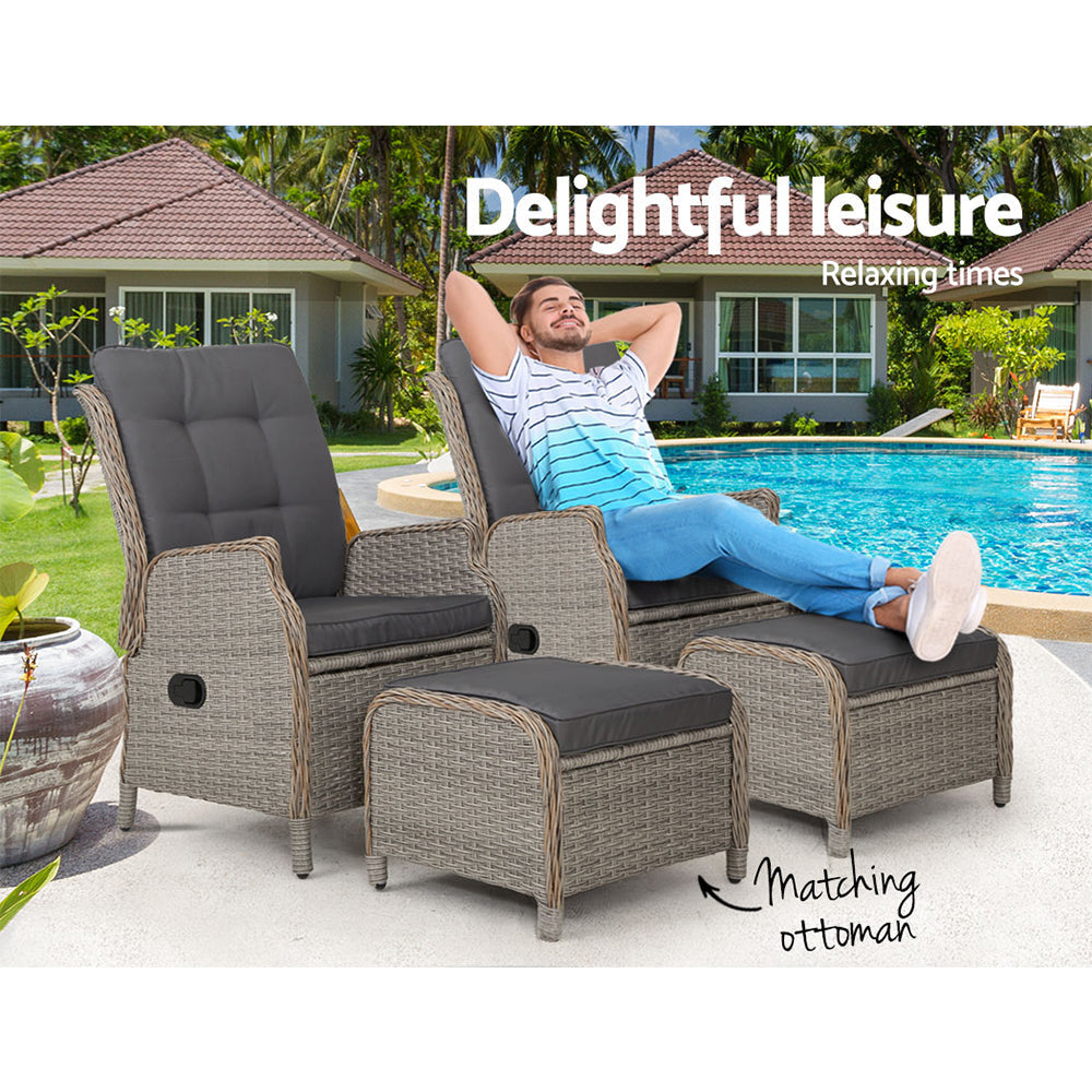 Elspeth - 2PC Recliner Chair Sun Lounge Wicker Lounger Adjustable Grey
