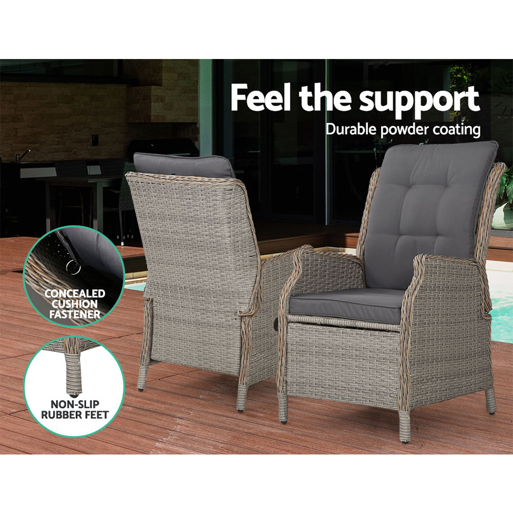 Elspeth - 2PC Recliner Chair Sun Lounge Wicker Lounger Adjustable Grey