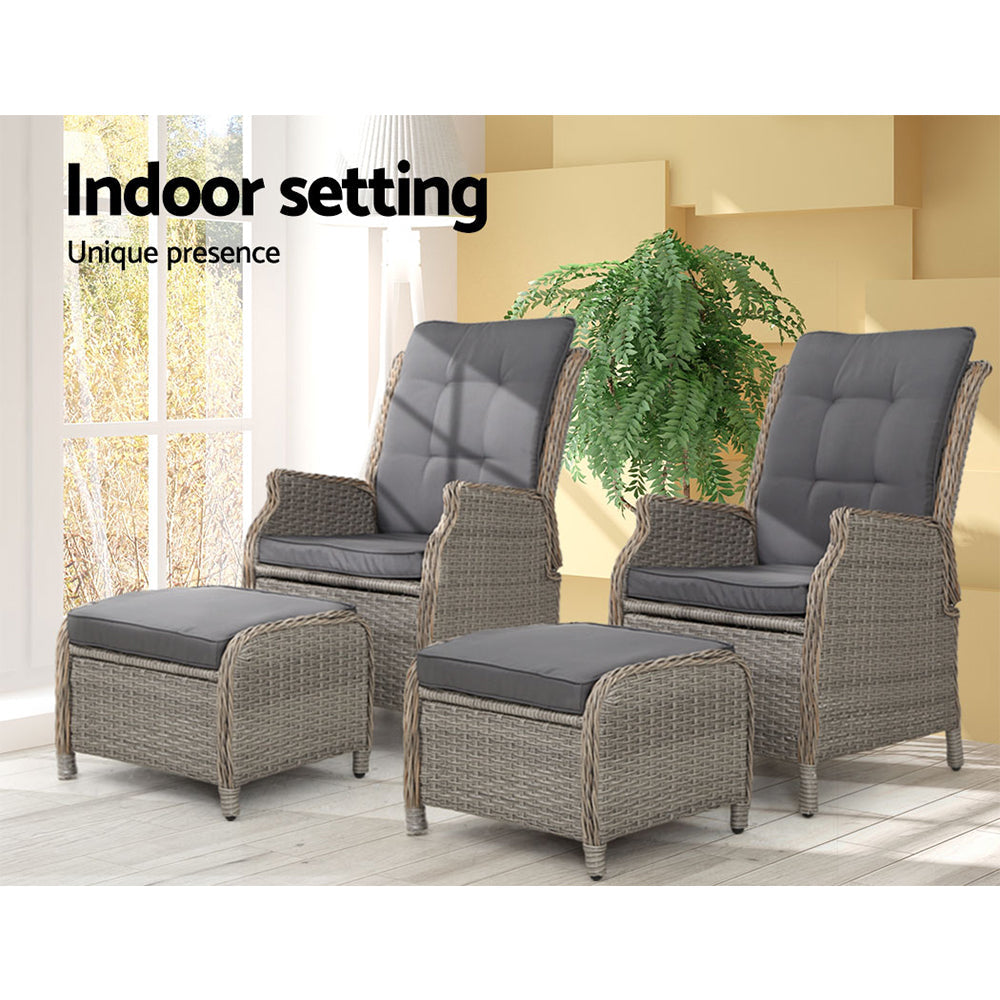 Elspeth - 2PC Recliner Chair Sun Lounge Wicker Lounger Adjustable Grey