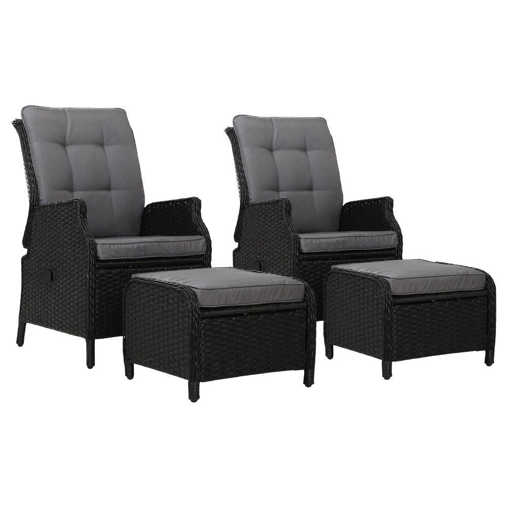 Calina - 2PC Recliner Chair Sun Lounge Wicker Lounger Adjustable Black