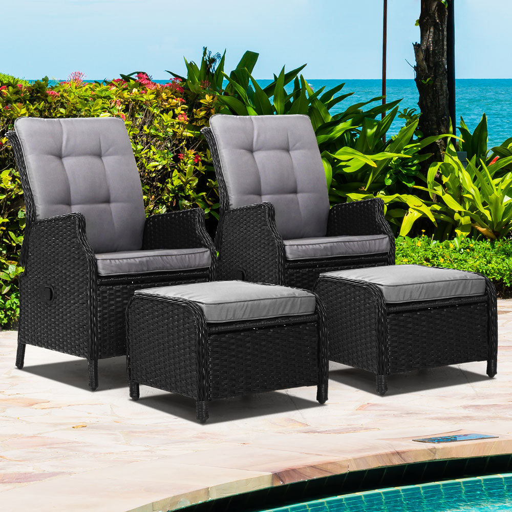 Calina - 2PC Recliner Chair Sun Lounge Wicker Lounger Adjustable Black