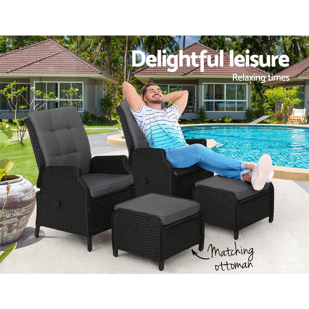 Calina - 2PC Recliner Chair Sun Lounge Wicker Lounger Adjustable Black
