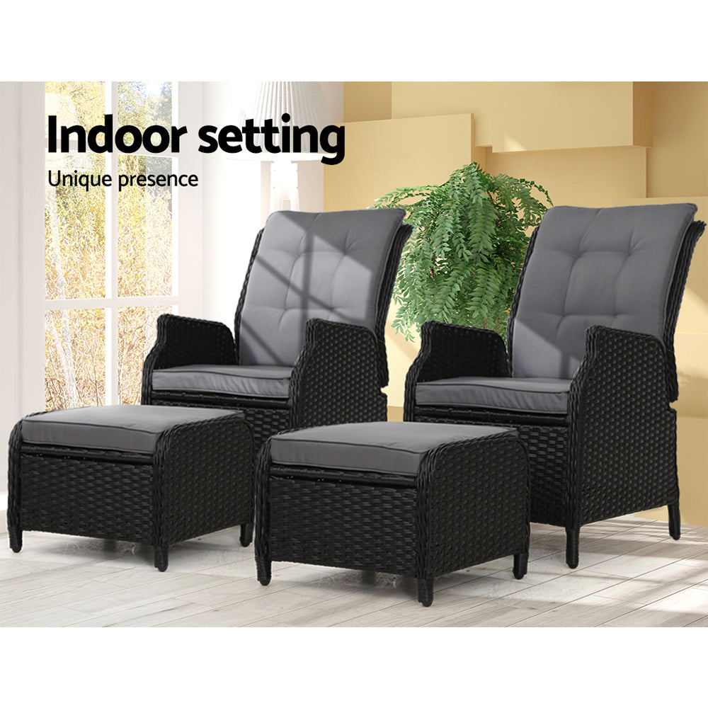 Calina - 2PC Recliner Chair Sun Lounge Wicker Lounger Adjustable Black