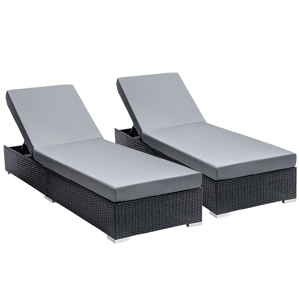 Zephyr - 2PC Sun Lounge Wicker Lounger Outdoor Adjustable Rattan