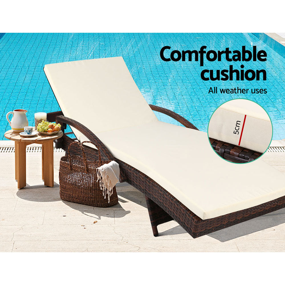 Yvette - 2PC Sun Lounge Wicker Lounger Beach Cushion Brown