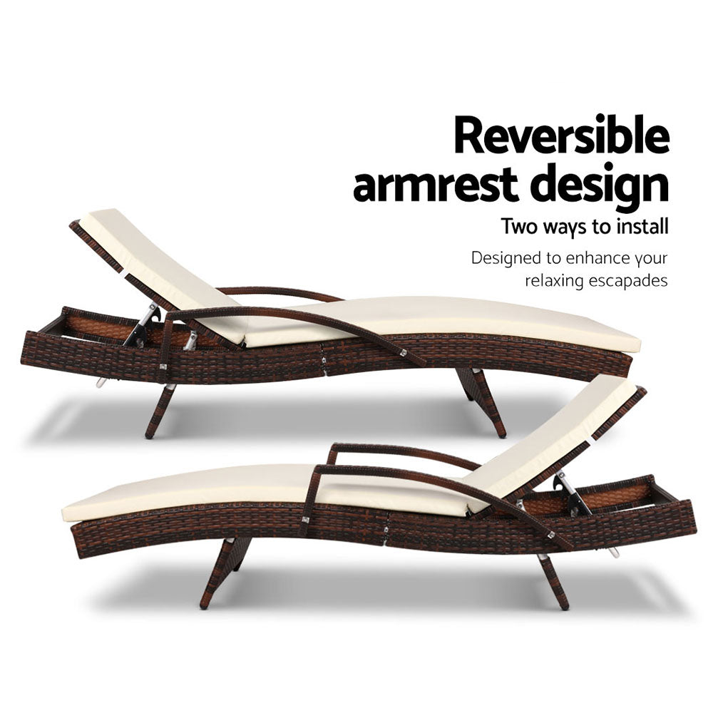 Yvette - 2PC Sun Lounge Wicker Lounger Beach Cushion Brown