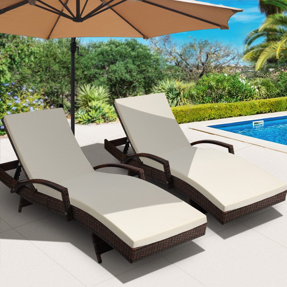 Yvette - 2PC Sun Lounge Wicker Lounger Beach Cushion Brown