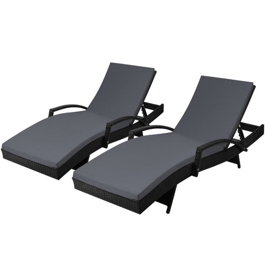 Gianna - 2PC Sun Lounge Wicker Lounger Beach Adjustable Black