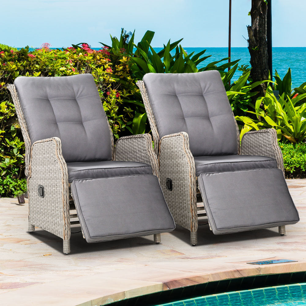 Eloisa - 2PC Recliner Chairs Sun Lounge Wicker Lounger Adjustable Grey