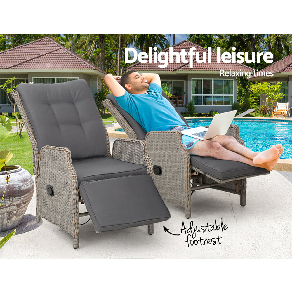 Eloisa - 2PC Recliner Chairs Sun Lounge Wicker Lounger Adjustable Grey