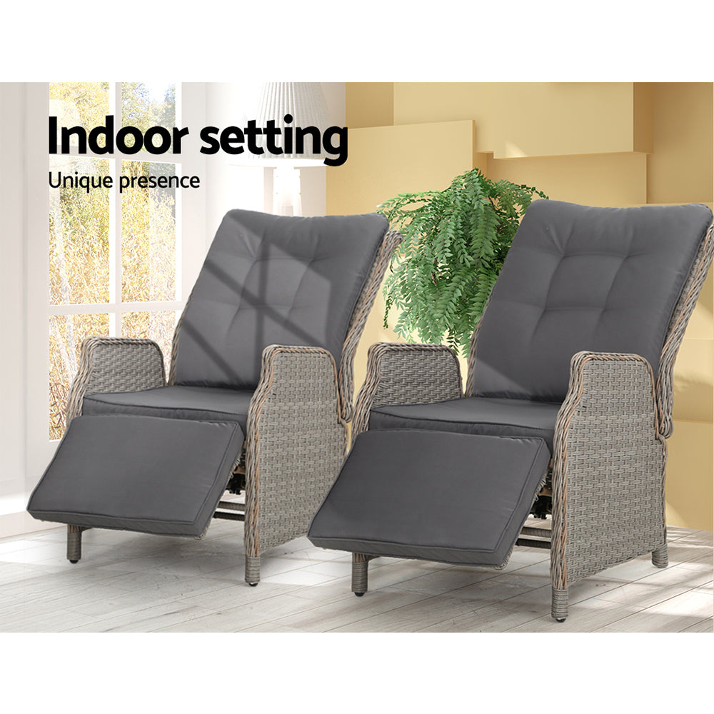 Eloisa - 2PC Recliner Chairs Sun Lounge Wicker Lounger Adjustable Grey