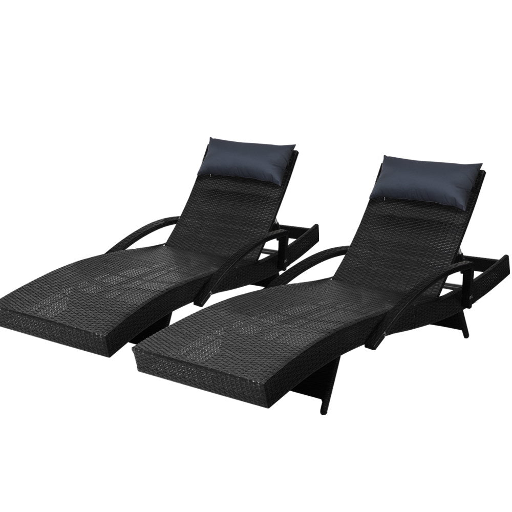 Vivid - 2x Sun Lounge Wicker Lounger Beach Chair Armrest Adjustable Black