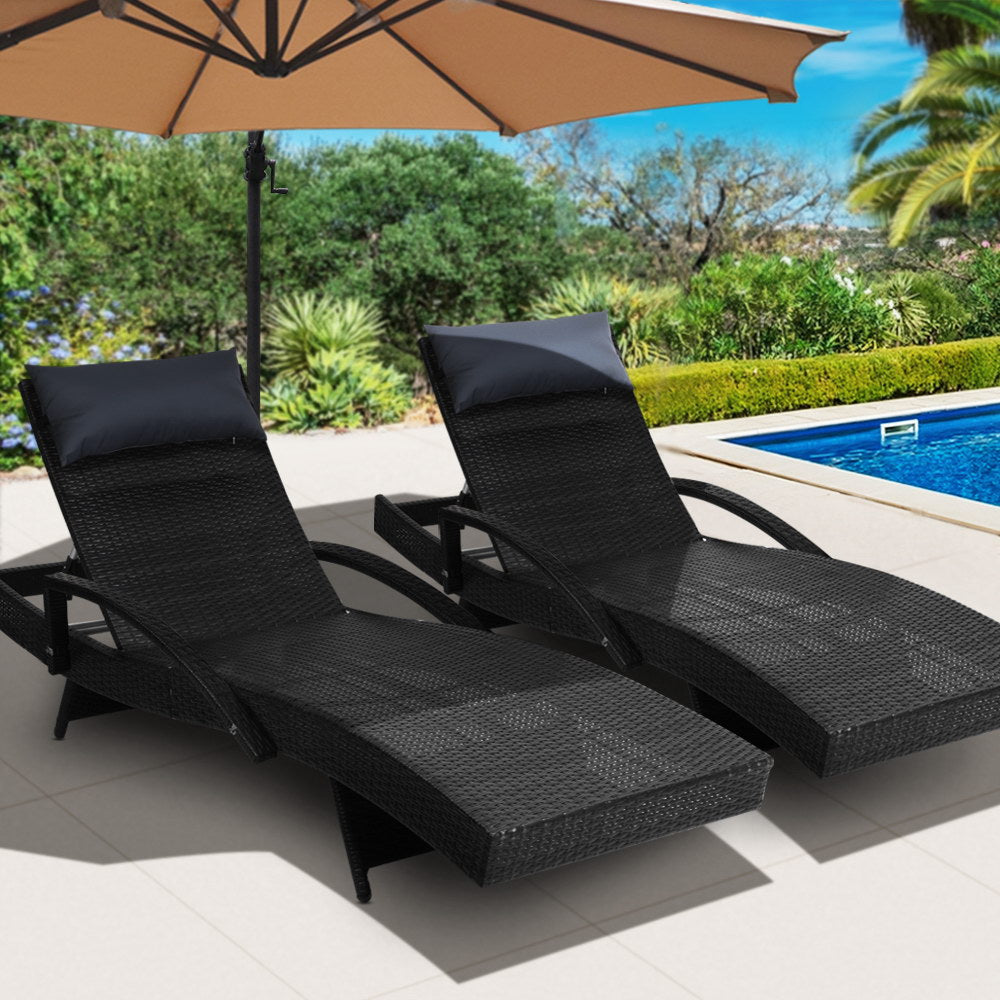 Vivid - 2x Sun Lounge Wicker Lounger Beach Chair Armrest Adjustable Black