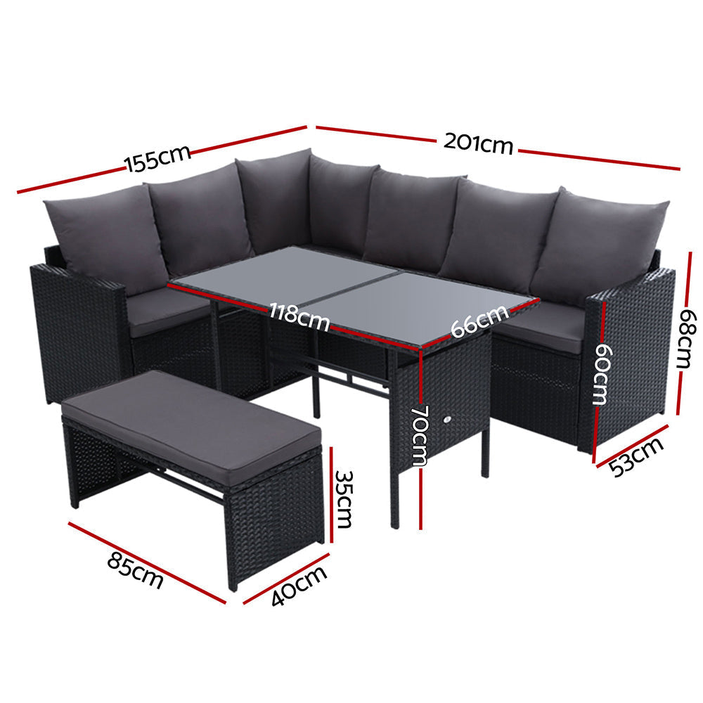 Inez - Outdoor Furniture Dining Setting Wicker Sofa 8 Seater Black