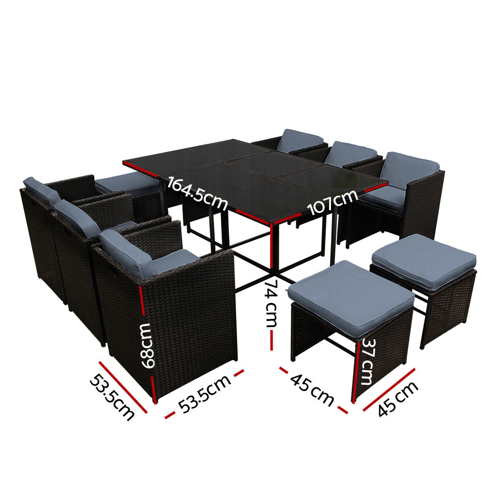 Lira - Outdoor Dining Set 11 Piece Wicker Table Chairs Black