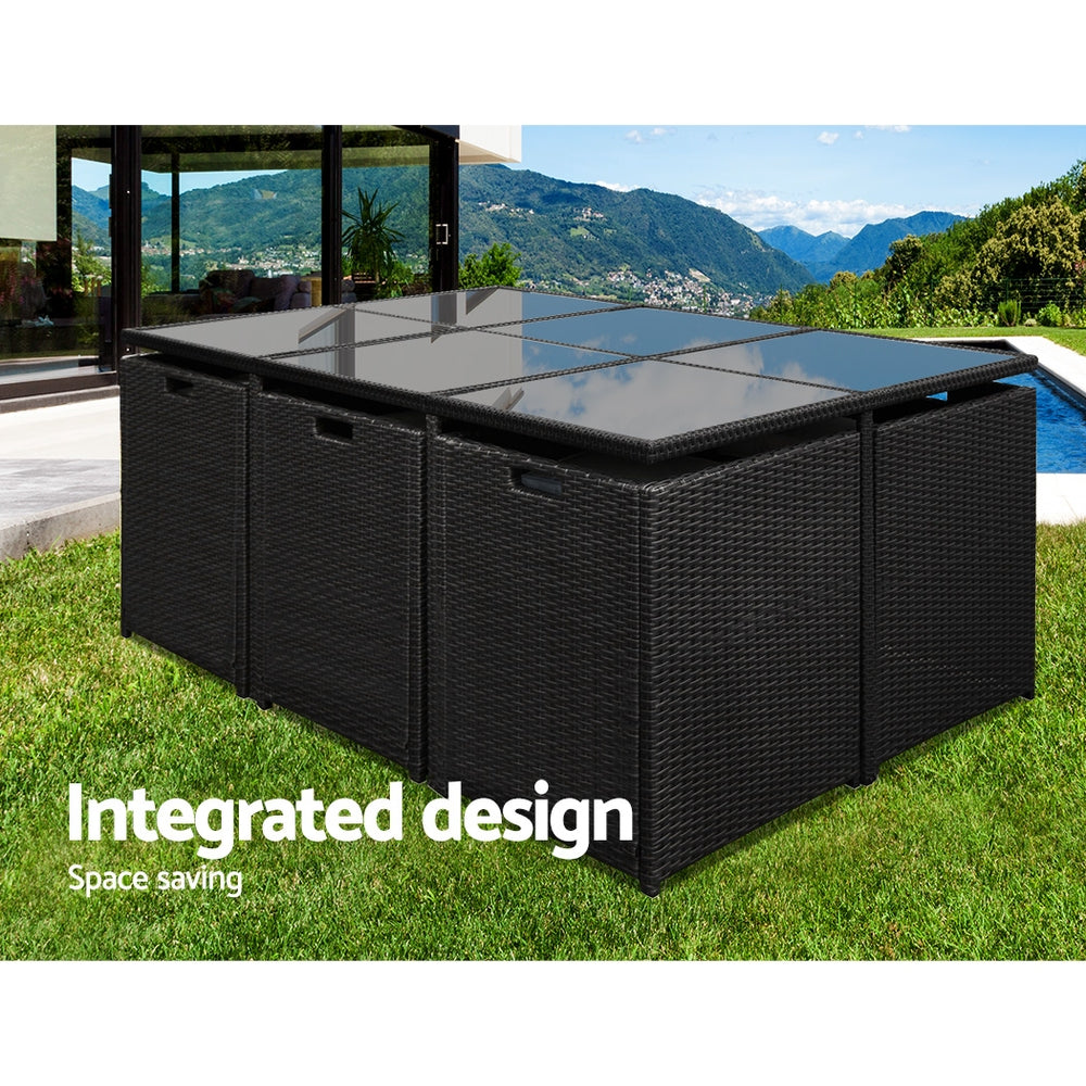 Lira - Outdoor Dining Set 11 Piece Wicker Table Chairs Black