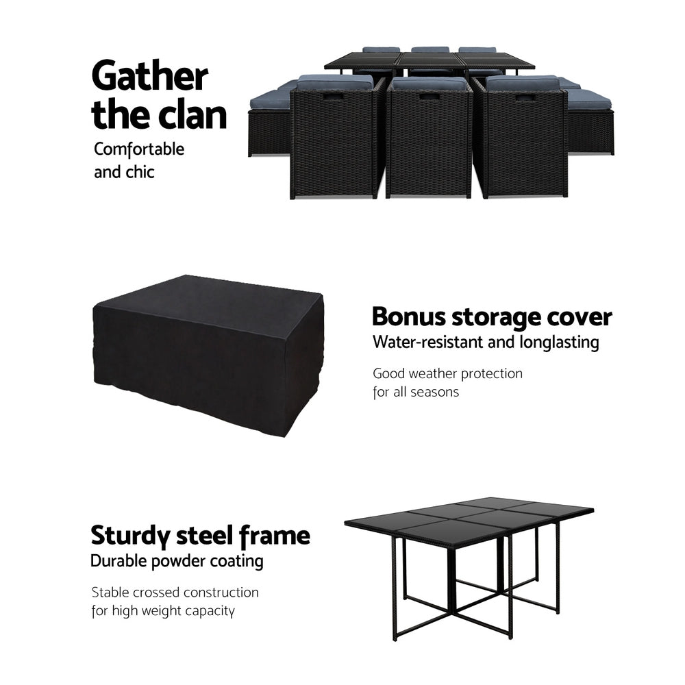 Lira - Outdoor Dining Set 11 Piece Wicker Table Chairs Black