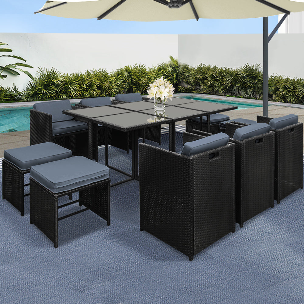 Lira - Outdoor Dining Set 11 Piece Wicker Table Chairs Black