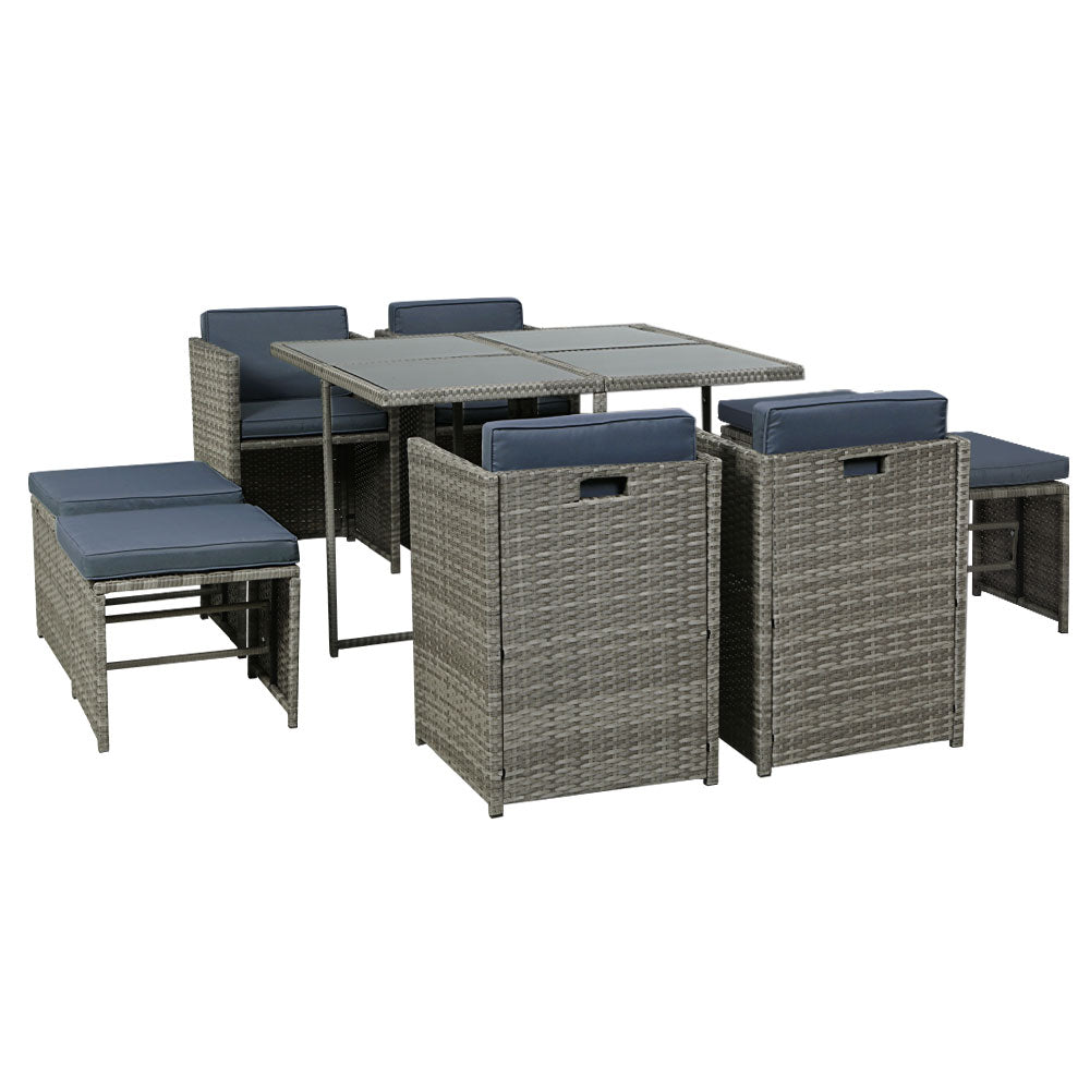 Grove - Outdoor Dining Set 9 Piece Wicker Table Chairs Grey