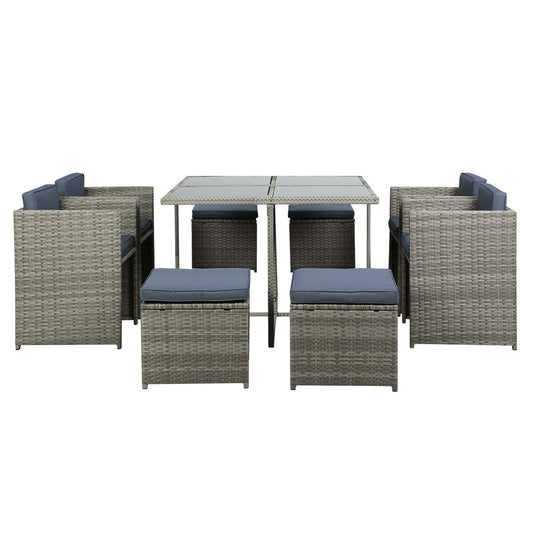 Grove - Outdoor Dining Set 9 Piece Wicker Table Chairs Grey