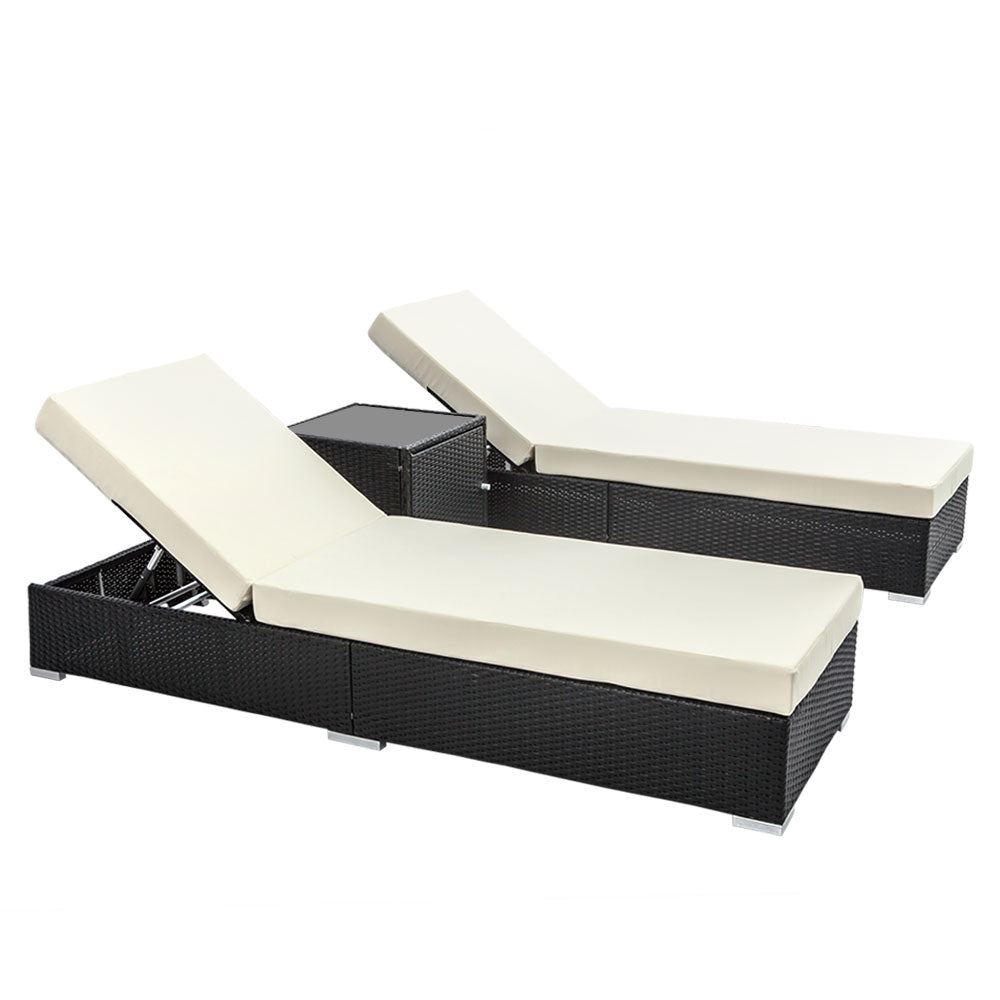 Adora - 3PC Sun Lounge Wicker Lounger Day Bed Rattan Garden