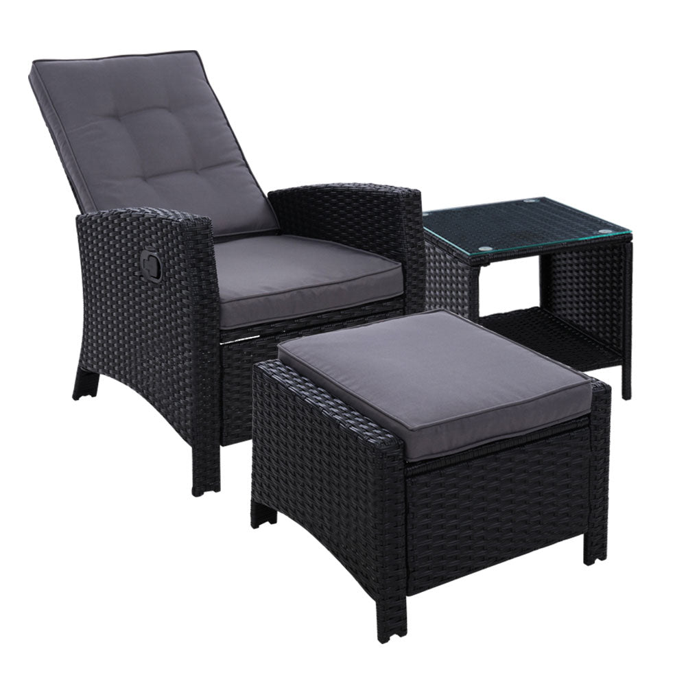 Liana - 3PC Recliner Chairs Table Sun Lounge Wicker Adjustable Black