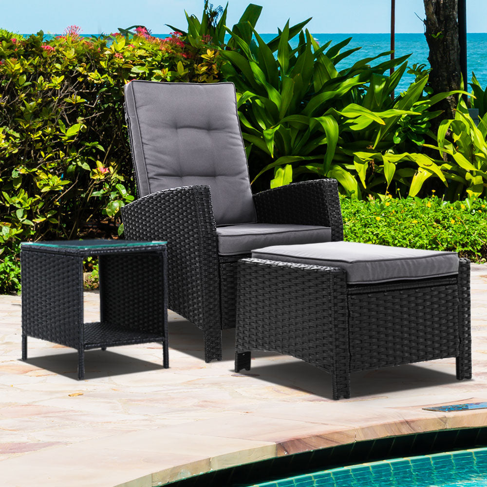 Liana - 3PC Recliner Chairs Table Sun Lounge Wicker Adjustable Black