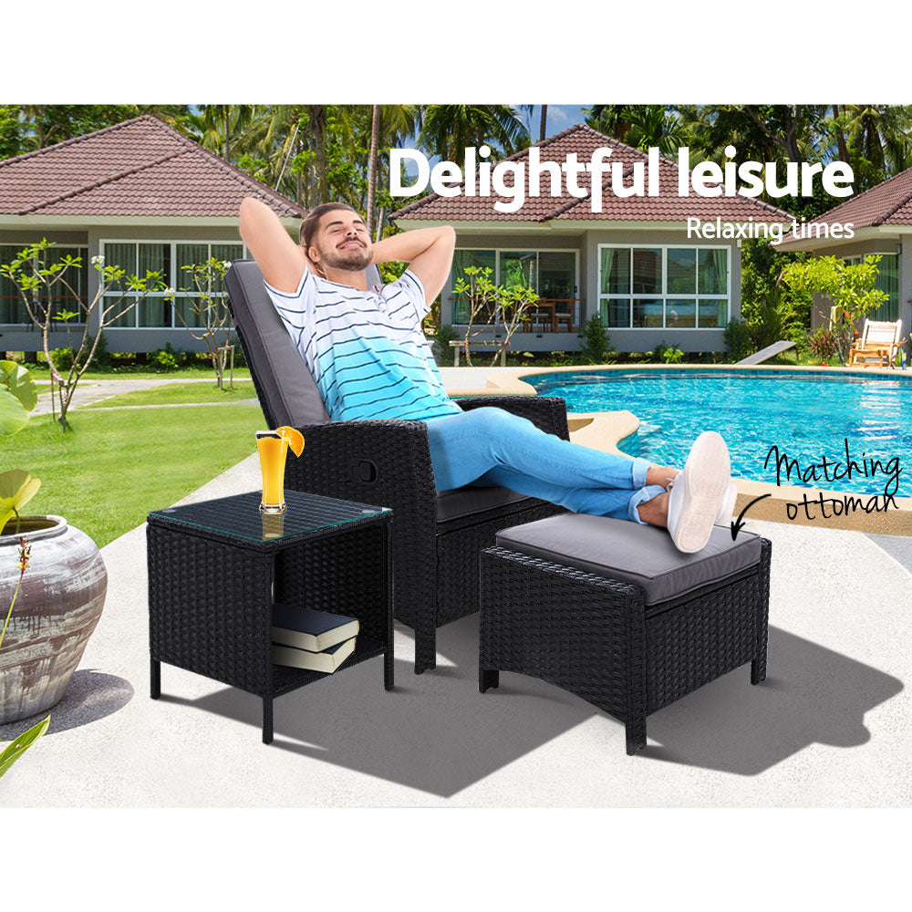 Liana - 3PC Recliner Chairs Table Sun Lounge Wicker Adjustable Black