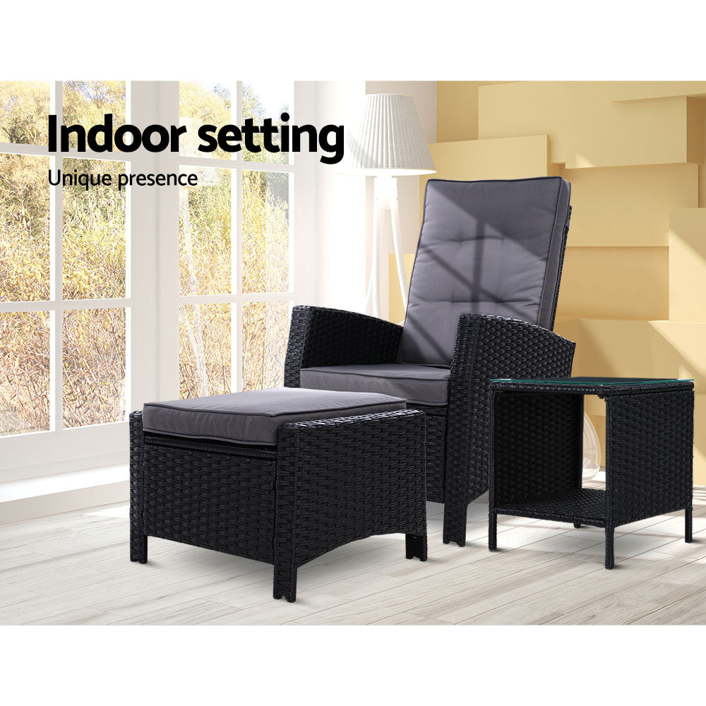 Liana - 3PC Recliner Chairs Table Sun Lounge Wicker Adjustable Black