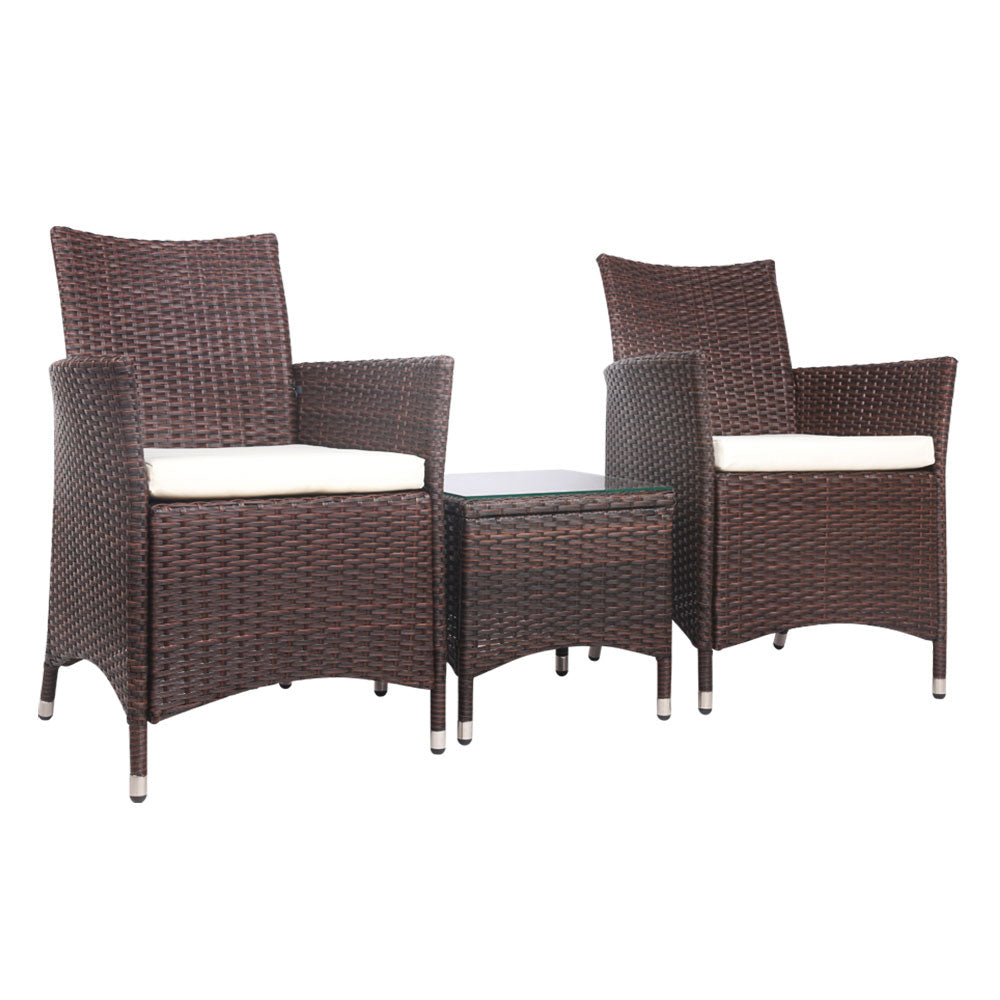 Quinn - 3PC Outdoor Bistro Set Patio Wicker Chairs Table Cushion Brown