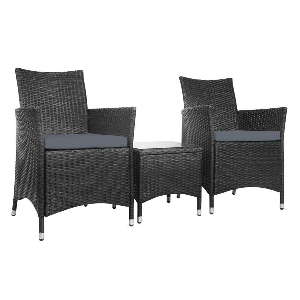 Thora - 3PC Outdoor Bistro Set Patio Wicker Chairs Table Cushion Black
