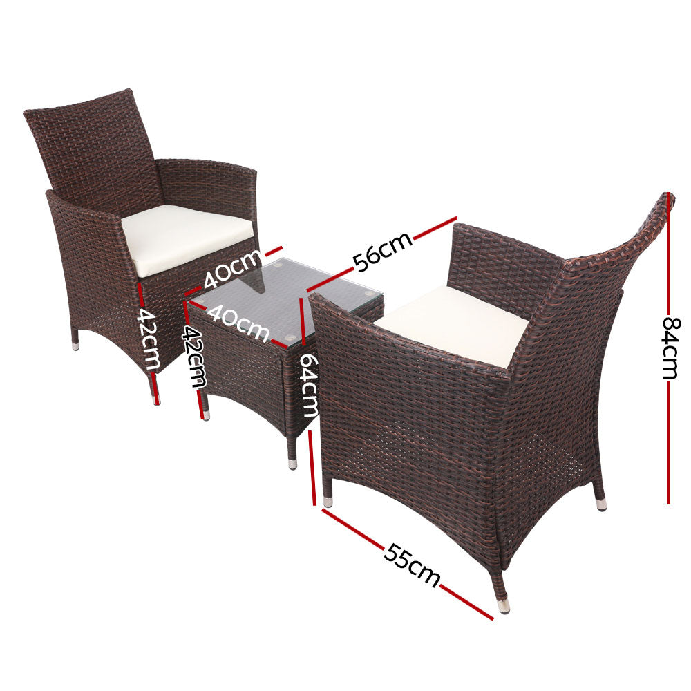 Quinn - 3PC Outdoor Bistro Set Patio Wicker Chairs Table Cushion Brown