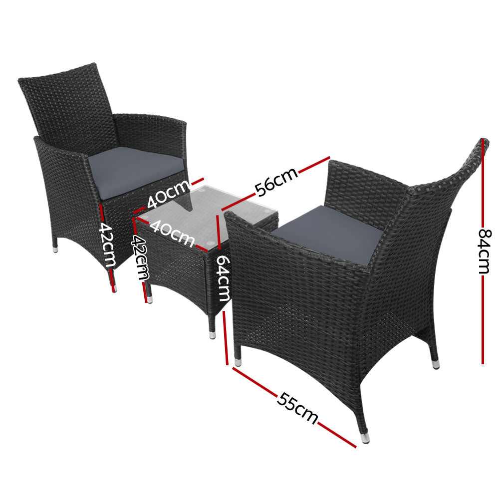 Thora - 3PC Outdoor Bistro Set Patio Wicker Chairs Table Cushion Black