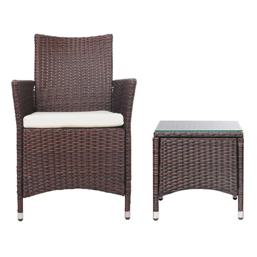 Quinn - 3PC Outdoor Bistro Set Patio Wicker Chairs Table Cushion Brown