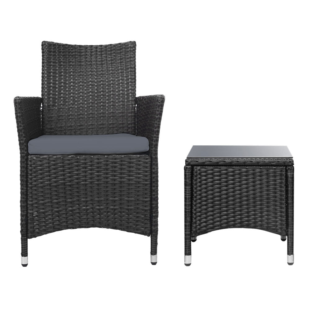 Thora - 3PC Outdoor Bistro Set Patio Wicker Chairs Table Cushion Black