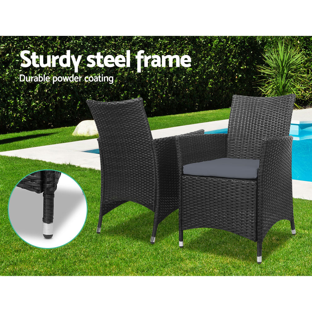 Thora - 3PC Outdoor Bistro Set Patio Wicker Chairs Table Cushion Black