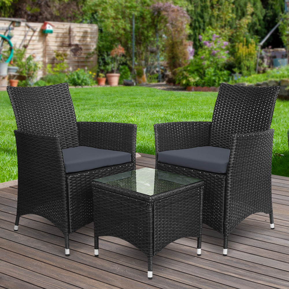 Thora - 3PC Outdoor Bistro Set Patio Wicker Chairs Table Cushion Black