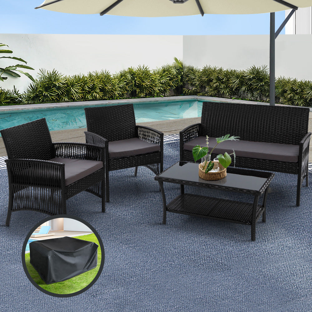 Yearn - 4PCS Outdoor Sofa Set Storage Cover Wicker Table Black