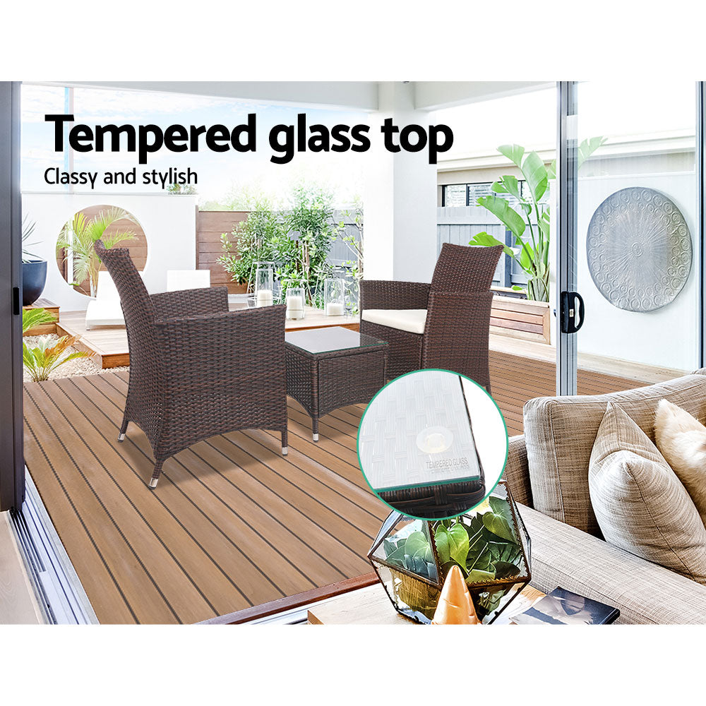 Quinn - 3PC Outdoor Bistro Set Patio Wicker Chairs Table Cushion Brown