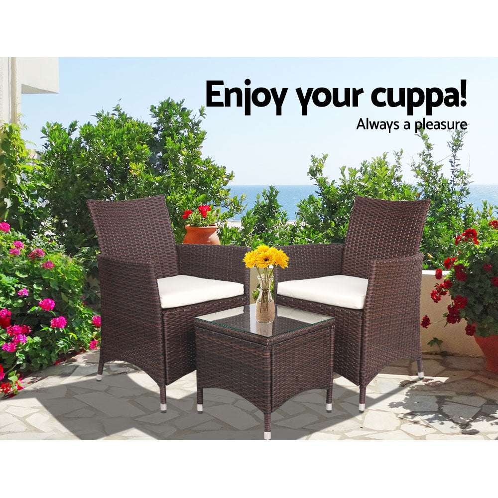 Quinn - 3PC Outdoor Bistro Set Patio Wicker Chairs Table Cushion Brown