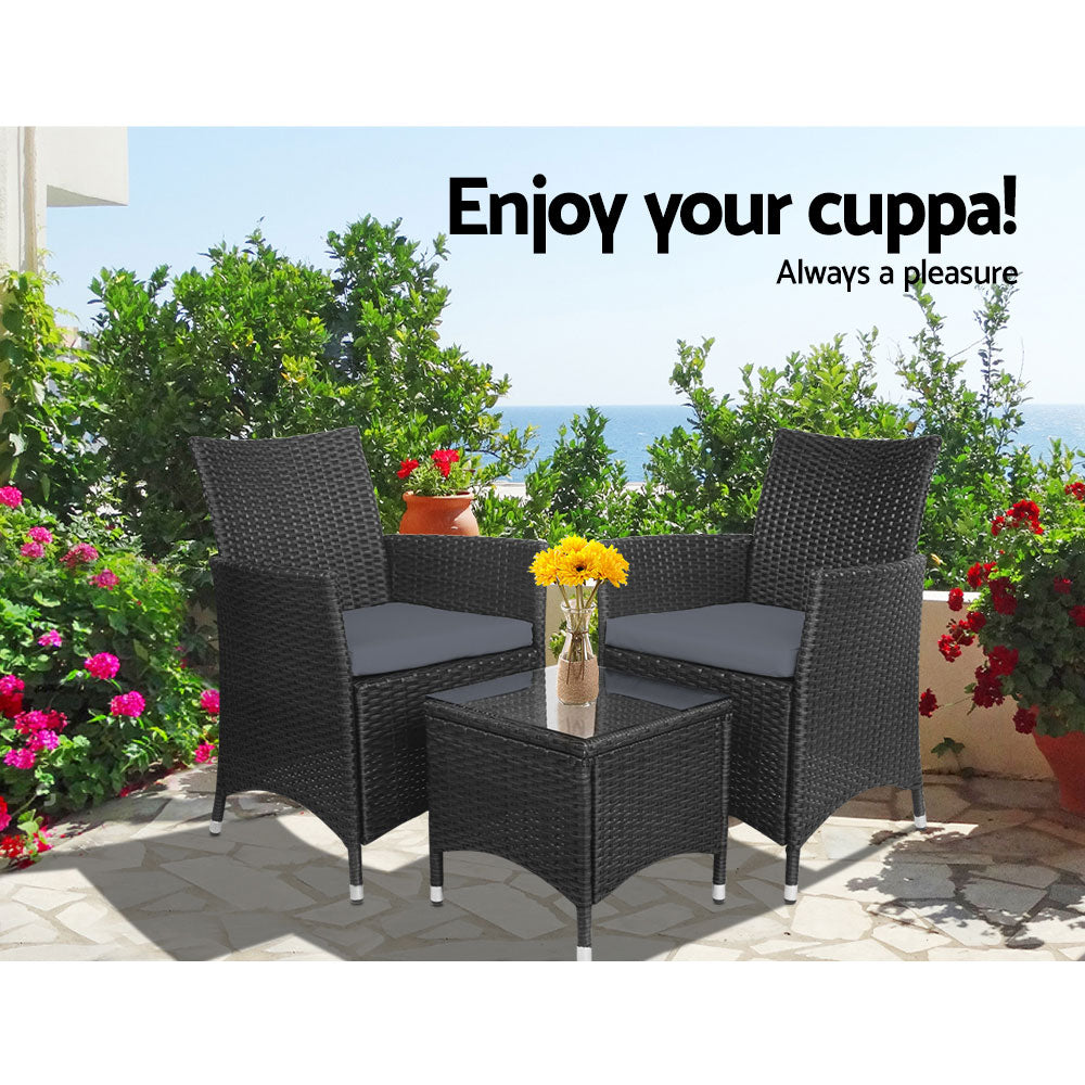 Thora - 3PC Outdoor Bistro Set Patio Wicker Chairs Table Cushion Black