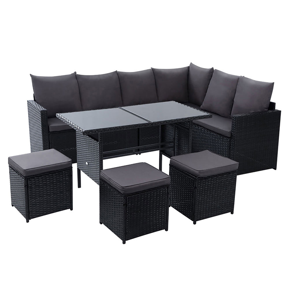 Orlena - Outdoor Furniture Dining Setting Wicker Sofa 9 Seater Black