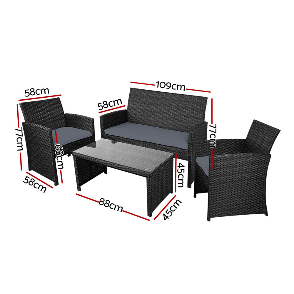 Kismet - 4 PCS Outdoor Sofa Set Storage Cover Rattan Chair Black