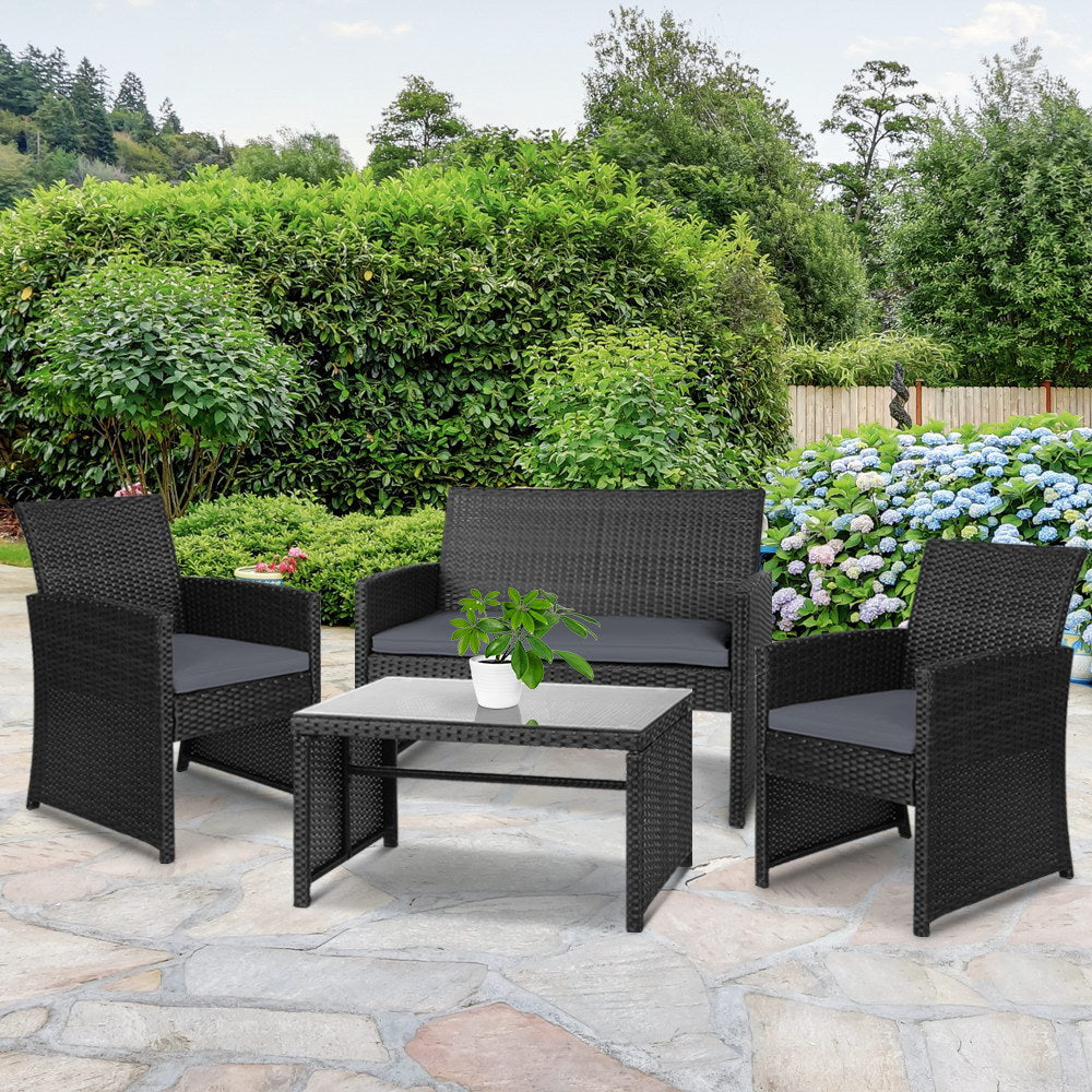 Kismet - 4 PCS Outdoor Sofa Set Storage Cover Rattan Chair Black