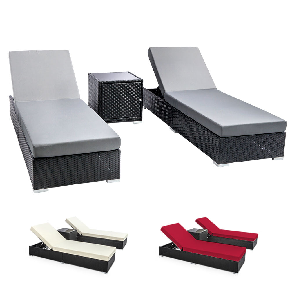 Adora - 3PC Sun Lounge Wicker Lounger Day Bed Rattan Garden
