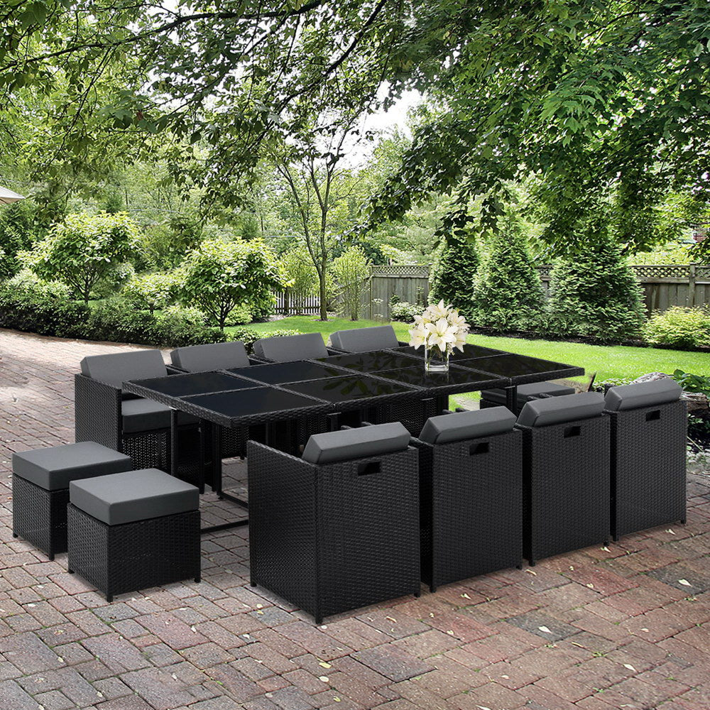 Freya - Outdoor Dining Set 13 Piece Wicker Table Chairs Black