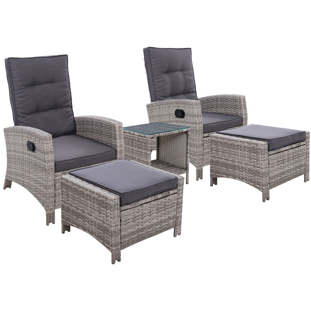 Galina - 5PC Recliner Chairs Table Sun Lounge Wicker Adjustable Grey